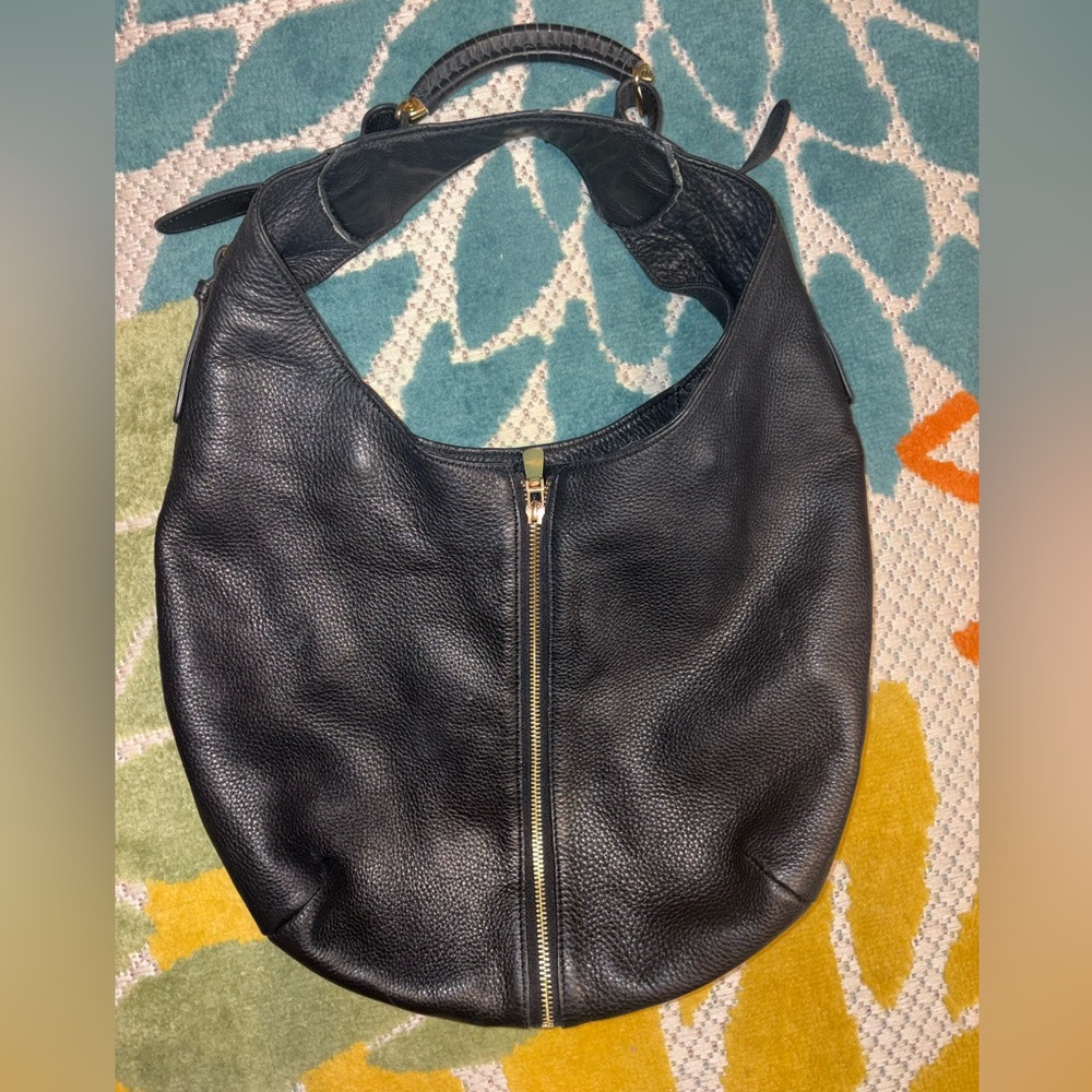 Black Leather Hobo Bag with Front Zip